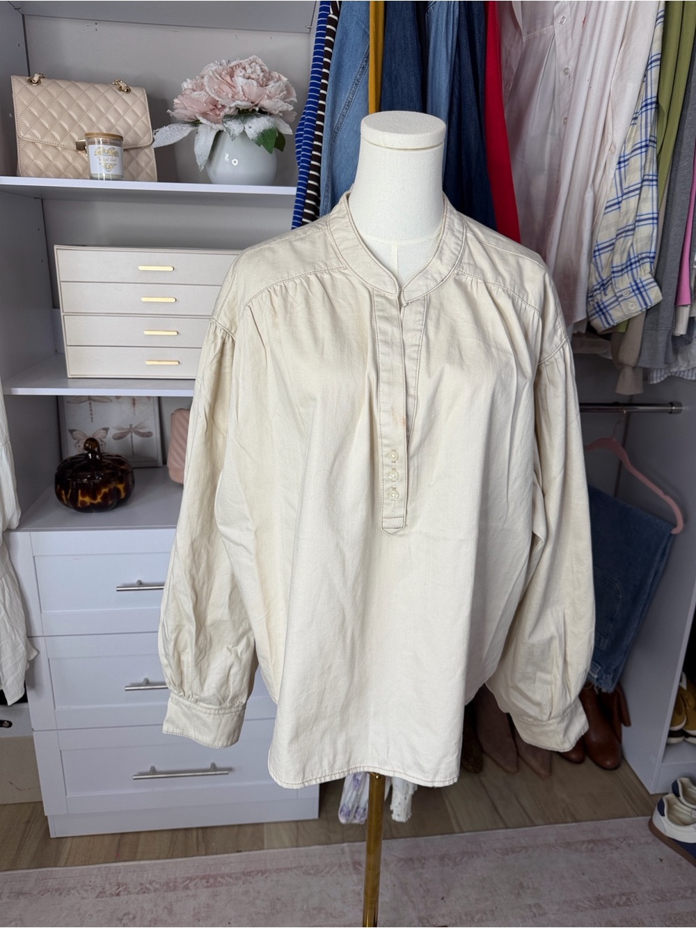 Time and Tru Cream Denim Long-Sleeve Henley Blouse